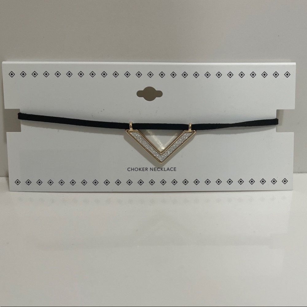 Black Choker Necklace with Gold and White Pendant